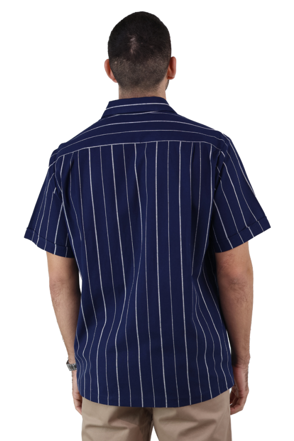 Camisa Manga Corta Resort Azul Marino Estampado Vertical De Algodón Para Hombre